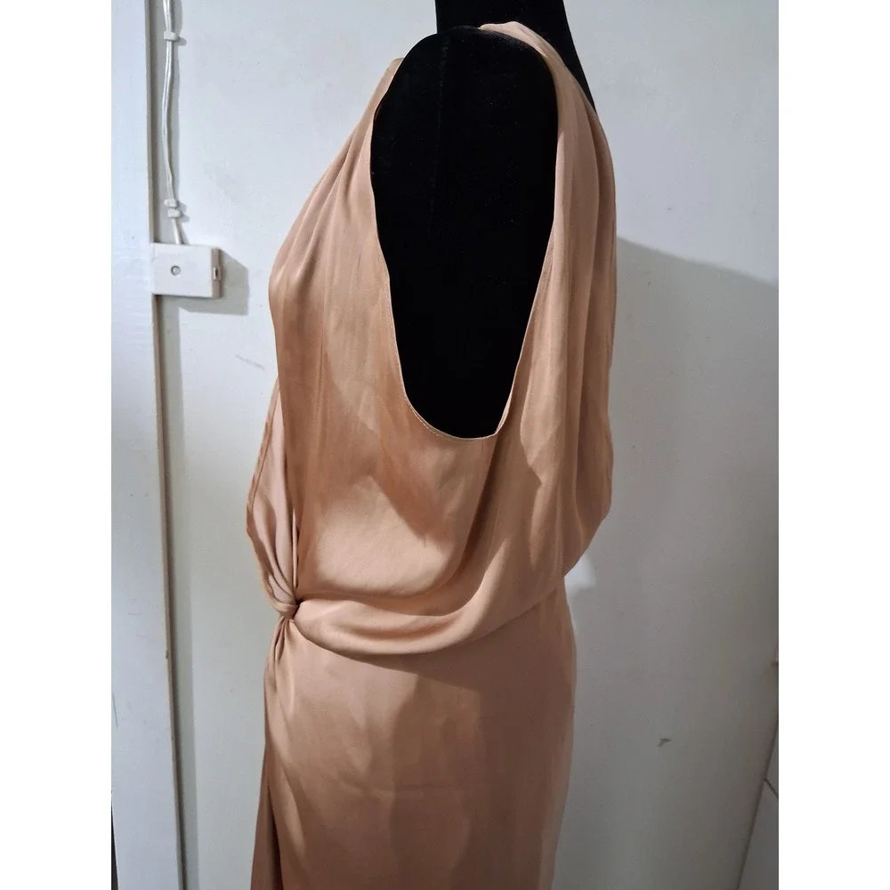 Reset by Jane Champagne Satin Draped Twist Front V-Back Midi Dress Womens Size M